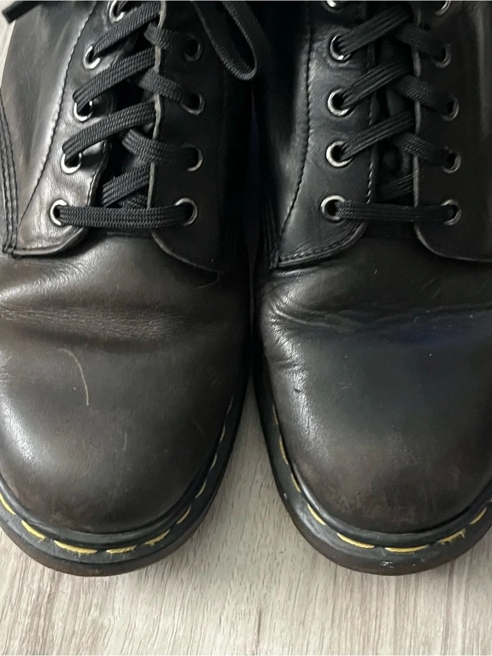 Dr. Martens Black Leather Lace-Up Combat Boots with Yellow Stitching